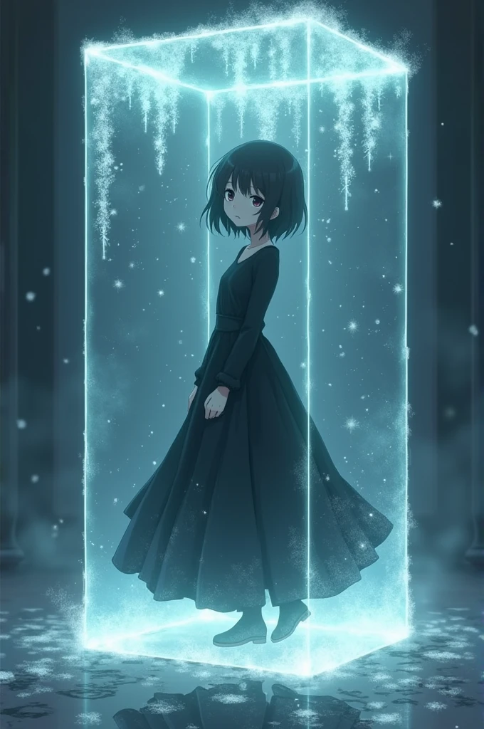 [Anime drawing] girl in black dress looking sad inside ice like glass box separated from world around her