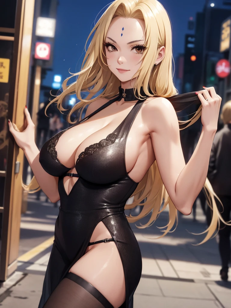 Tsunade, 1woman, wearing a black colour party frock, modern short frock , at a night party , blonde hair, 8k, high detailed, high quality
