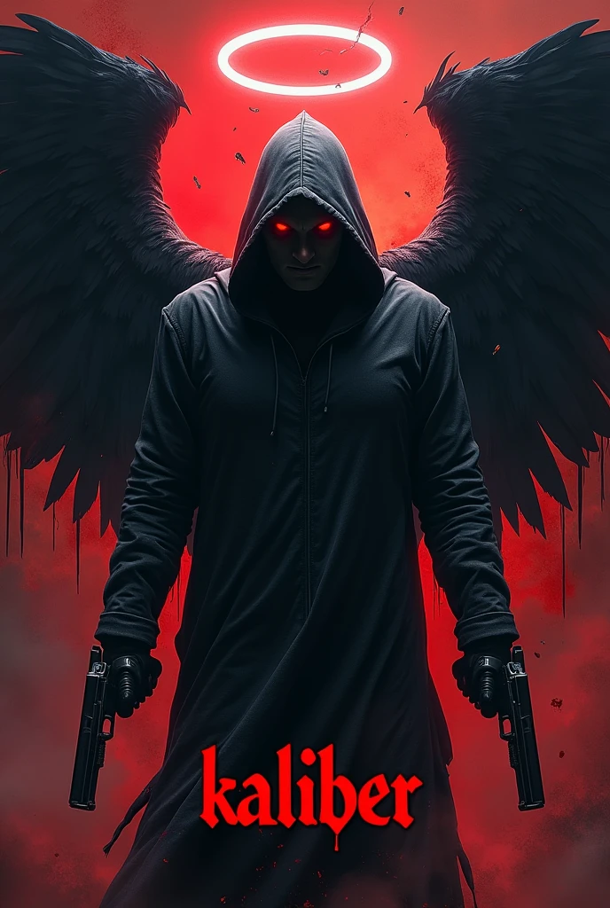 Black hooded man, mysterious, red eyes, bloody angel halo above head, black angel wings, bloody background, holding two pistols, word “kaliber” in large text below it, hyper realism, logo