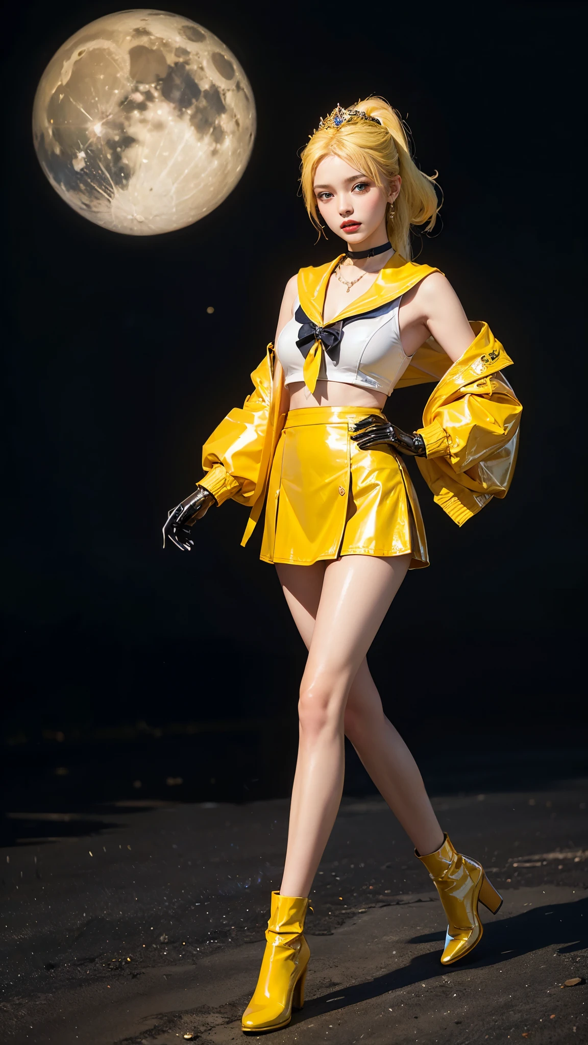 ((masterpiece:1.4)、(Highest quality:1.4)、(Realistic:1.7))、Masterpiece:1.4、(Top-notch rendering:1.4)、beautiful girl、(beautiful girl戦士セーラームーン2:1.7)、moon野うさぎ、(Body Fit Sexy Sailor Warrior Uniform:1.4)、(Shiny latex:1.7)、(The jacket is a white sleeveless sailor suit....:1.4)、(Skirt Blue Sexy Ultra Ultra Pleated Mini Skirt:1.4)、The sailor suit collar has two thin blue lines...............:1.2、High leg swimsuit、Red cloth decoration on chest:1.2、(Wearing white gloves)、cute、Super Beauty、Sharp Focus、Portrait Photography:1.4、8k、Photorealistic images:1.4、(Perfect female body:1.4)、Perfect proportions、(Full body photography:1.4)、Beautiful Face、Beautiful Eyes、(Narrow waist:1.4)、(Beautiful style with 9 proportions:1.4)、(足が長くスタイルの良いbeautiful girl:1.4)、Beautiful feet:1.2、(Yellow Hair:1.7)、(Long Hair:1.2)、(ponytail:1.2)、Beautiful breasts、Large Breasts:1.2、sexy ass、Raw photo、Red lips、Red high heels:1.4、choker:1.4、necklace:1.4、Earrings:1.4、Gorgeous golden tiara:1.4、1 Screen Display:1.4、moon、universe、universe船、universeステーション、City of the Future