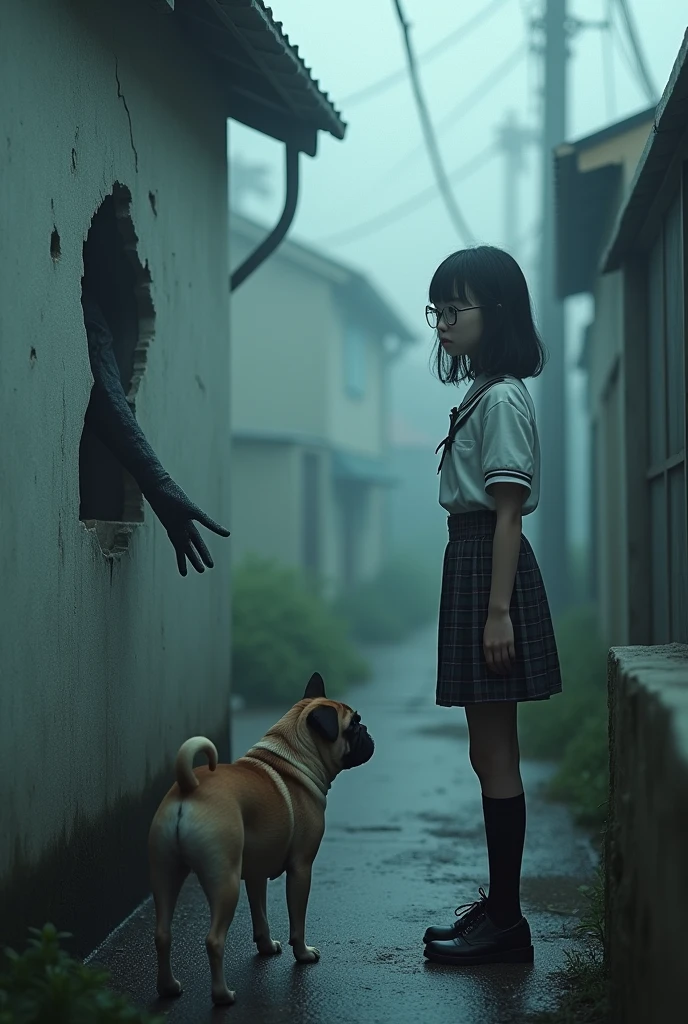 A small Japanese residential area shrouded in morning mist、There is a large, blurry black keyhole on a part of the wall at a construction site with a defect, and a black hand is reaching out from it towards a dog.、A young elementary school girl with glasses standing nearby, looking surprised.、A pug and French bulldog mix、Creepy、Creepy、Very detailed、Cinematic lighting、Dramatic colors、Moodyな雰囲気、(Highest quality、4K、8k、High resolution、masterpiece:1.2)、Super detailed、(Real、Photorealistic、Photorealistic:1.37)、Dramatic lighting、Dark Shadows、Moody、mysterious、Surreal、Creepy