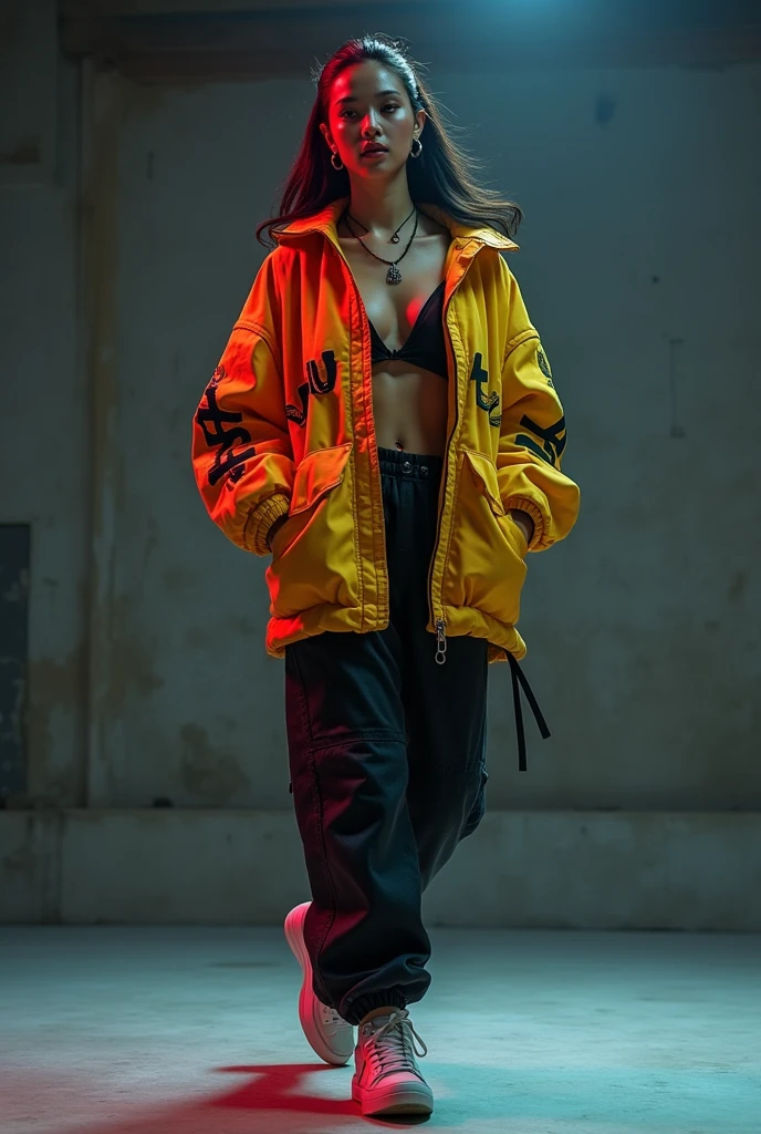 1 asian female, 90s streetstyle hiphop fashion, baggy thick edgy loose clothing, Melbourne shuffle shuffling footwork, medium shot, 1990s, photorealistic, stlish swagger poses (best quality,4k,8k,highres,masterpiece:1.2),ultra-detailed,(realistic,photorealistic,photo-realistic:1.37),HDR,UHD,studio lighting,ultra-fine painting,sharp focus,physically-based rendering,extreme detail description,professional,vivid colors,bokeh,studio shot,dramatic lighting