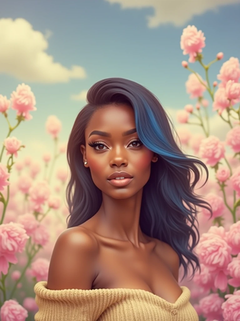 Upper body shot, ((beautiful black woman with flawless dark skin)), long hair with blue gradient shine, clearly defined facial features, big detailed eyes, ((( wearing an off the shoulder sweater))) bright flowers in the background, masterpiece, best high quality image,96k, HD, depth of field, 1080P wallpaper, Stand out, Character focus, high quality, incredibly detailed, UHD image quality in the style of Diego Gravinese
