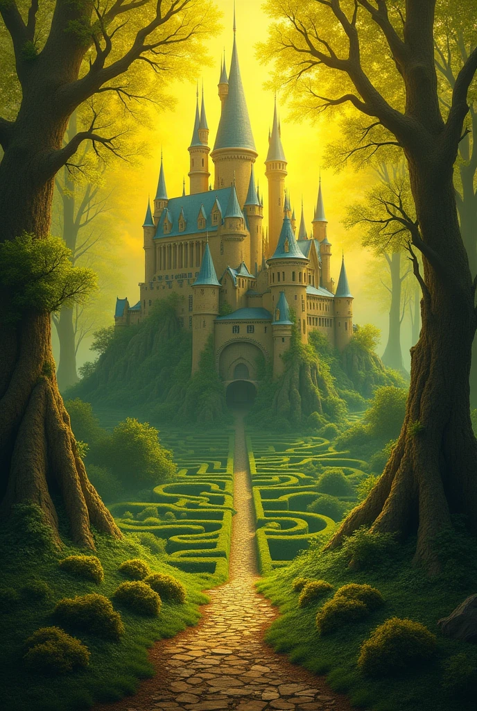 In the heart of a fantastical maze, a wondrous world unfolds: a lush yellow forest surrounds a majestic castle, its towering spires reaching towards the sky. This mesmerizing painting captures every intricate detail of the intricate landscape, from the tangled greenery of the maze to the stone walls of the castle. The vibrant colors and rich textures bring a sense of magic and wonder to this enchanting scene, transporting viewers to a realm of imagination and adventure.
