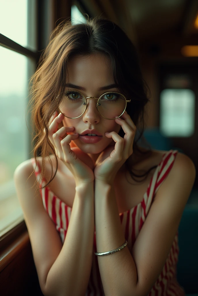 (Best quality, Ultra detailed, Golden ratio, Masterpiece:1.2), Theatrical lighting:0.7, Photo of a woman, dressed in a very elegant and pretty dress, Perfect rare face, (Highly detailed skin), randomly dyed hair, Hide your mouth with your hands、Ridicule, skin texture, Pale skin, shiny skin, (thin, large size:1.2), [:(Sharp focus on rare face, perfect eyes:1.2):0.2], photorealistic, film grain, Put one foot forward、from below looking up、look at camera、Emphasize the shoulders, Focus on face、Stockings、glasses、Smile with corners of mouth raised、disdainful expression, summer haze, muted colors, muted warm colors, Photo cinematic portrait of a woman dressed in a striped dress sitting by the window in the early morning, cinematic, (tilted:1.3) (on an old train) look cautious, standing under a spotlight, volumetric dust clouds, key light, backlight, soft natural lighting, photography Film grain ISO 400 30 mm lens RAW f1.8 aperture, highly detailed (analog photography:1), colors hdr