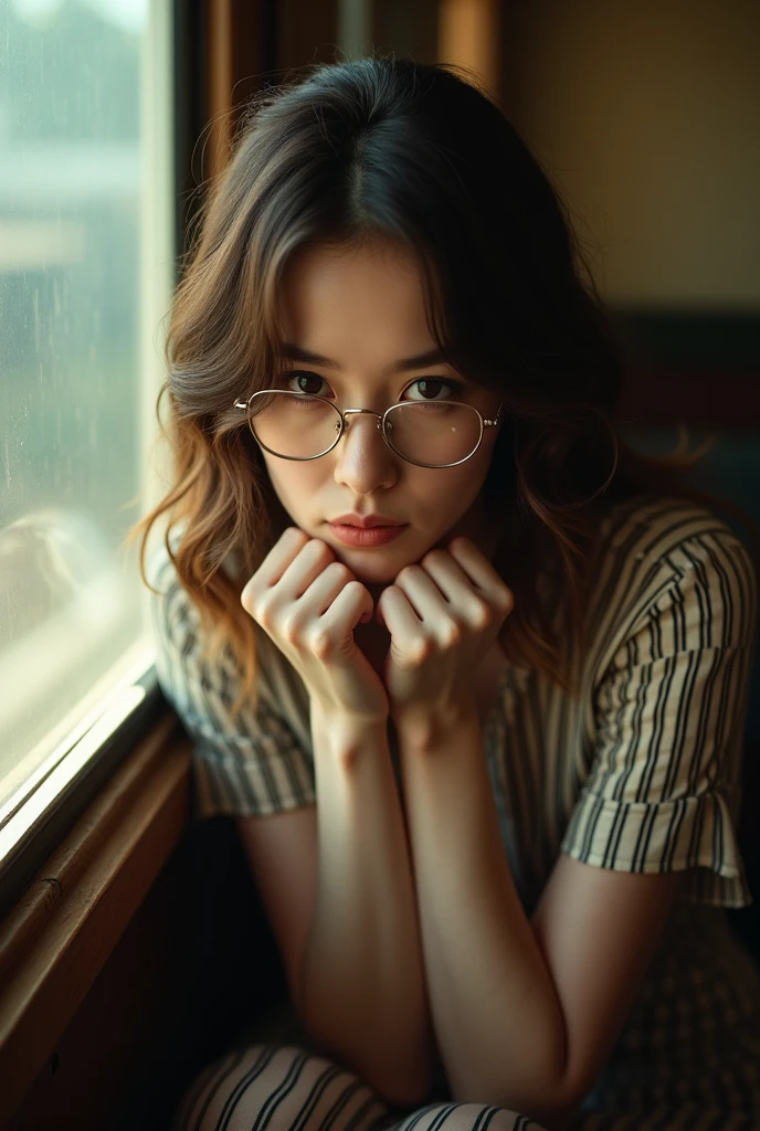 (Best quality, Ultra detailed, Golden ratio, Masterpiece:1.2), Theatrical lighting:0.7, Photo of a woman, dressed in a very elegant and pretty dress, Perfect rare face, (Highly detailed skin), randomly dyed hair, Hide your mouth with your hands、Ridicule, skin texture, Pale skin, shiny skin, (thin, large size:1.2), [:(Sharp focus on rare face, perfect eyes:1.2):0.2], photorealistic, film grain, Put one foot forward、from below looking up、look at camera、Emphasize the shoulders, Focus on face、Stockings、glasses、Smile with corners of mouth raised、disdainful expression, summer haze, muted colors, muted warm colors, Photo cinematic portrait of a woman dressed in a striped dress sitting by the window in the early morning, cinematic, (tilted:1.3) (on an old train) look cautious, standing under a spotlight, volumetric dust clouds, key light, backlight, soft natural lighting, photography Film grain ISO 400 30 mm lens RAW f1.8 aperture, highly detailed (analog photography:1), colors hdr