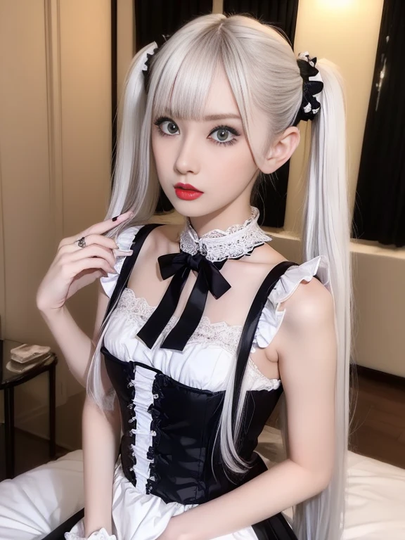 raw photo, 8k, (top-quality), Realistic, (real picture, Intricate details), (natural skin texture, detailed skin, hyper realism, sharpness), (Japanese age girl in luxury hotel at night, Suite Room), ((maid costume with black and white, loliashion, gothic fashion), (slender body, pale skin:1.2), ((white hair, twintail hairstyle, blunt bangs)), (provocative look, Parted lips:1.3, eye shadow, eyeliner, tear bag:1.3, red lips), thighs, night time, spot lighting:1.3