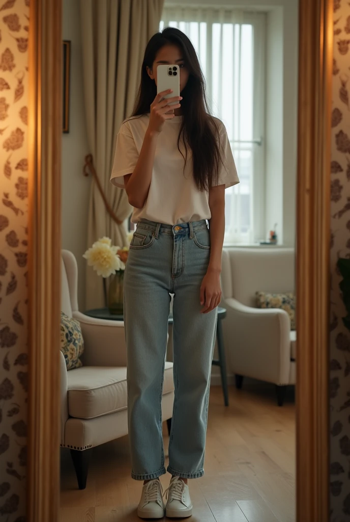 mirror越しに自撮りしてる女性、mirror、Long Hair，The iPhone 12 Pro hides his entire face、I can&#39;t see your face、Beautiful woman、Full Body Shot、I'm wearing sneakers、Wearing a t-shirt、Japanese、Stylish room