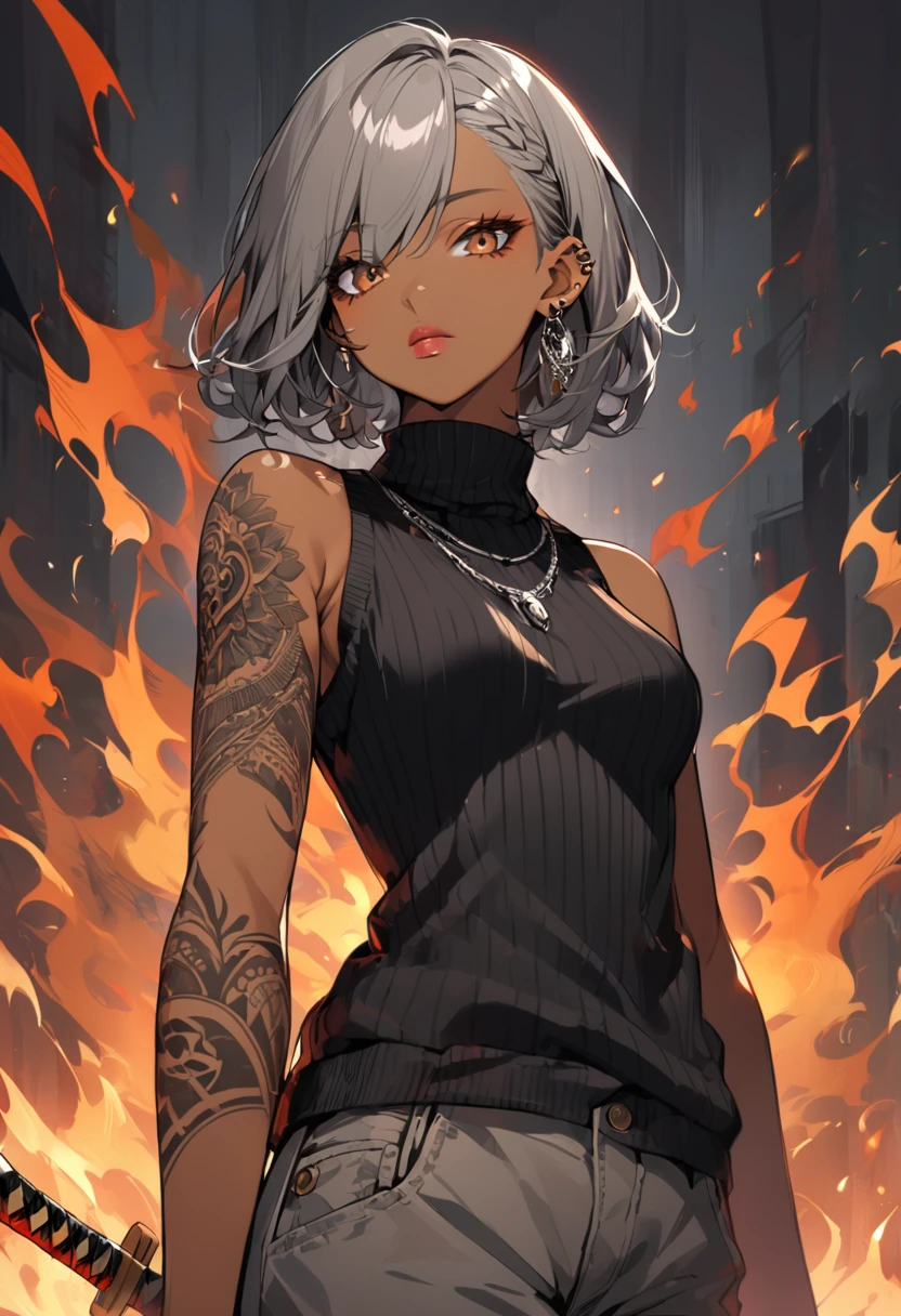 1girl, alone, breasts, looking at viewer, short hair, fossil hair, bare shoulders, brown eyes, jewelry, medium breasts, closed mouth, upper body, gray blouse, earrings, sleeveless, dark skin, lips, hair shaved side, necklace, sweater, dark skinned woman, tattoo, turtleneck, piercing, fire, ear piercing, arm tattoo, gray pants, black sweater, shoulder tattoo, sword,