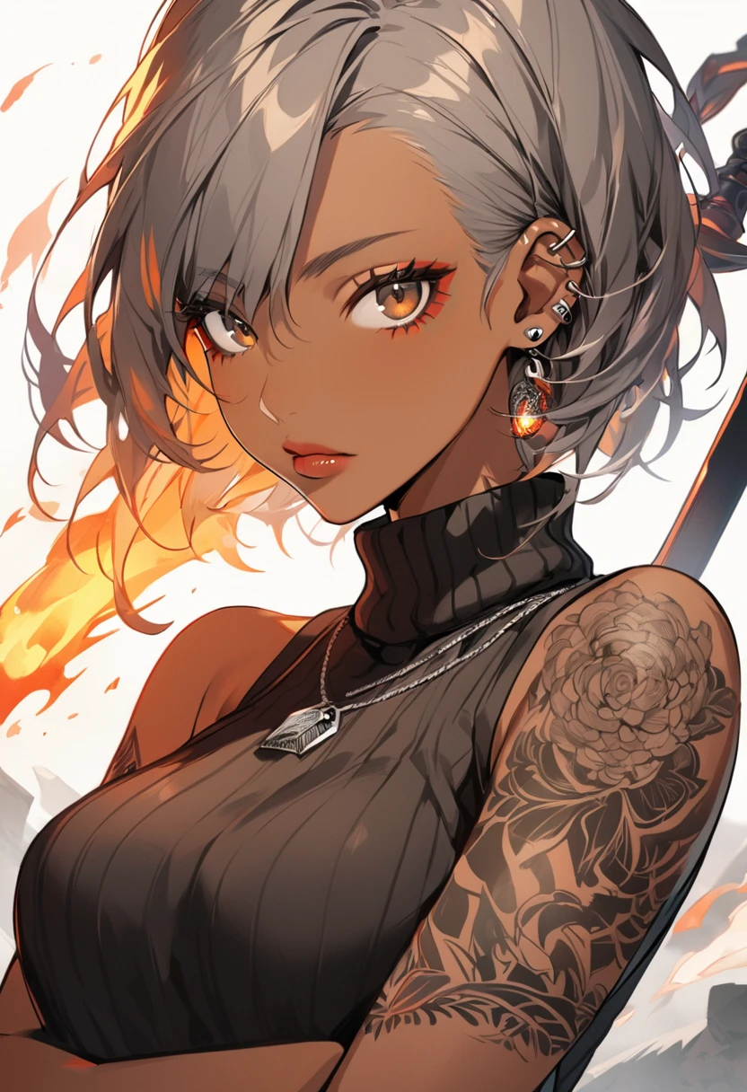 1girl, alone, breasts, looking at viewer, short hair, fossil hair, bare shoulders, brown eyes, jewelry, medium breasts, closed mouth, upper body, gray blouse, earrings, sleeveless, dark skin, lips, hair shaved side, necklace, sweater, dark skinned woman, tattoo, turtleneck, piercing, fire, ear piercing, arm tattoo, gray pants, black sweater, shoulder tattoo, sword,