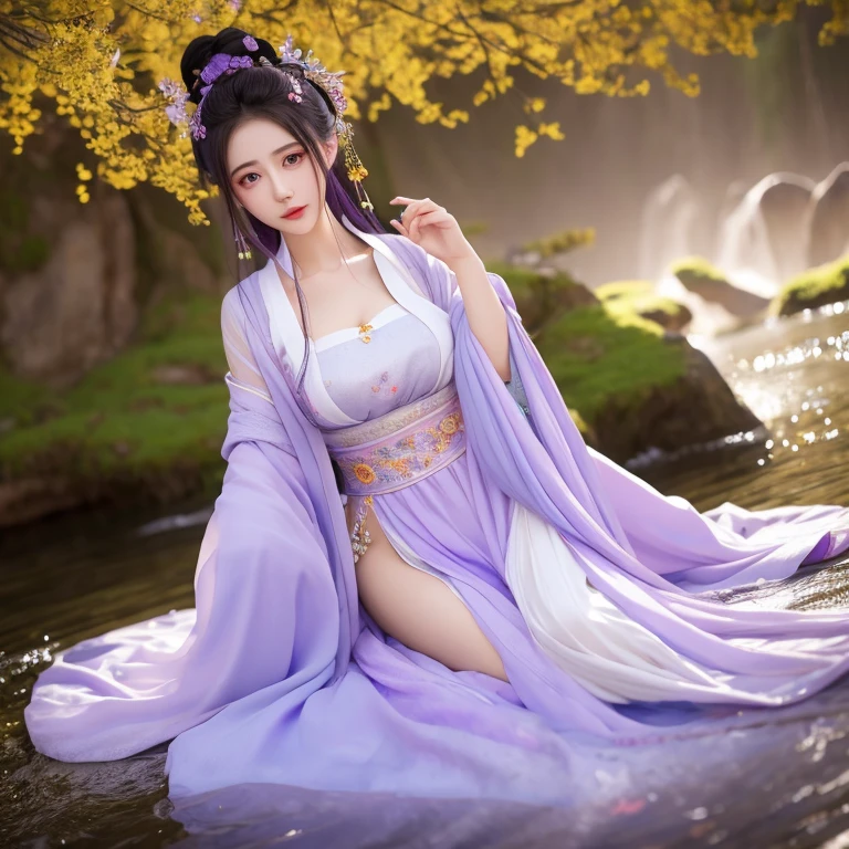 Purple Hair，Purple Eyes，Purple clothes，She wore a jade lotus hairpin in her hair.，Wearing a lavender wide-sleeved plain fairy dress，She was a vision of ethereal beauty, a divine being, but also a woman of incomparable loveliness.。Her skin was like congealed fat, pure white jade.，She seemed as delicate as if she could be pierced by a puff of air,；Her face was as delicate as a lotus bud, beautiful and peerless.，Her lips were like cherry blossoms, moist and luscious.，all incredibly alluring.。Her two curved eyebrows,，her distant mountain-like brows painted with a touch of green.；a pair of peach blossom eyes with a playful glint,，Her eyes, clear as autumn water, were moist and bright,。Even when sitting,，it was hard to ignore her perfect figure, with a voluptuous chest and a rounded rear.。Her shoulders seemed to have been carved.，her full, rounded breasts,，Her waist was as thin as a willow branch, a mere handspan around.，The beautiful curves of her hips and legs were faintly visible.。