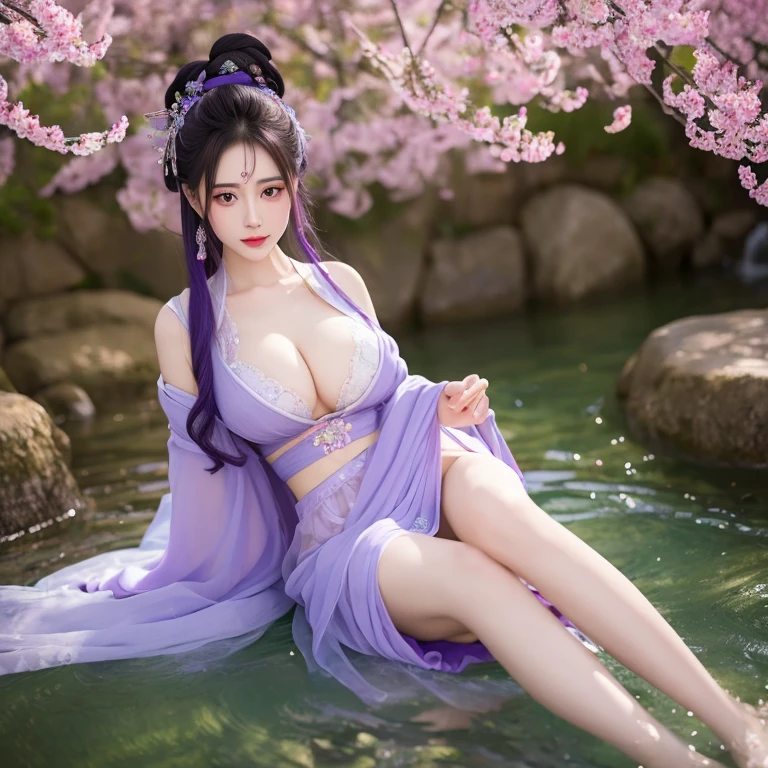 Purple Hair，Purple Eyes，Purple clothes，She wore a jade lotus hairpin in her hair.，Wearing a lavender wide-sleeved plain fairy dress，She was a vision of ethereal beauty, a divine being, but also a woman of incomparable loveliness.。Her skin was like congealed fat, pure white jade.，She seemed as delicate as if she could be pierced by a puff of air,；Her face was as delicate as a lotus bud, beautiful and peerless.，Her lips were like cherry blossoms, moist and luscious.，all incredibly alluring.。Her two curved eyebrows,，her distant mountain-like brows painted with a touch of green.；a pair of peach blossom eyes with a playful glint,，Her eyes, clear as autumn water, were moist and bright,。Even when sitting,，it was hard to ignore her perfect figure, with a voluptuous chest and a rounded rear.。Her shoulders seemed to have been carved.，her full, rounded breasts,，Her waist was as thin as a willow branch, a mere handspan around.，The beautiful curves of her hips and legs were faintly visible.。