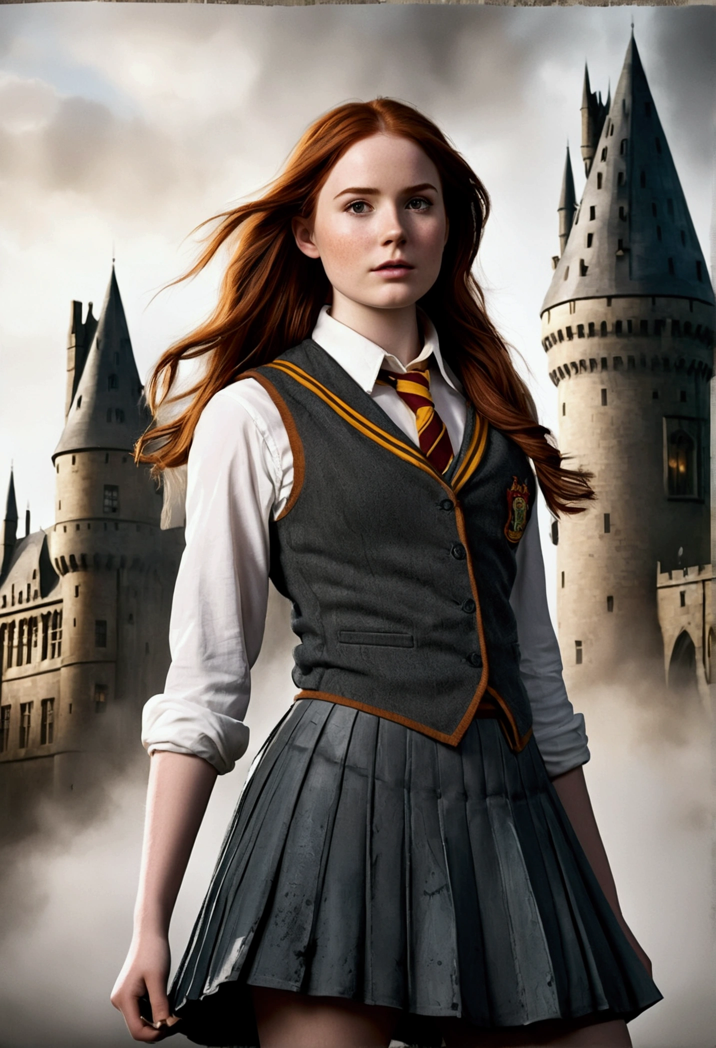 An illustrated movie poster, hand-drawn, full color, a female Hogwarts student, 18 years old, wearing a charcoal vest and a pleated skirt, tall, toned, amazonian stature, athletic hourglass figure, full wide hips, massive round butt, long shapely legs, ridiculously thick powerful thighs, deep dark auburn hair, messy ponytail, flushed sun-kissed complexion, freckles, resembles Karen Gillan, standing in front of Hogwarts Castle, surrounded by mist, graphite shading, stencil marks, airbrushed acrylic paint, masterpiece, in the Deathly Hallows