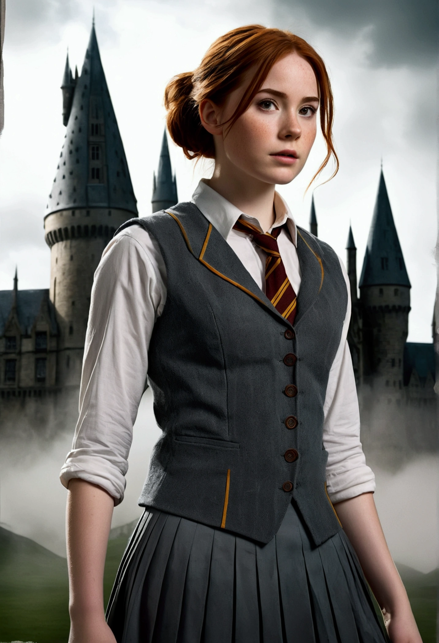 An illustrated movie poster, hand-drawn, full color, a female Hogwarts student, 18 years old, wearing a charcoal vest and a pleated skirt, tall, toned, amazonian stature, athletic hourglass figure, full wide hips, massive round butt, long shapely legs, ridiculously thick powerful thighs, deep dark auburn hair, messy ponytail, flushed sun-kissed complexion, freckles, resembles Karen Gillan, standing in front of Hogwarts Castle, surrounded by mist, graphite shading, stencil marks, airbrushed acrylic paint, masterpiece, in the Deathly Hallows