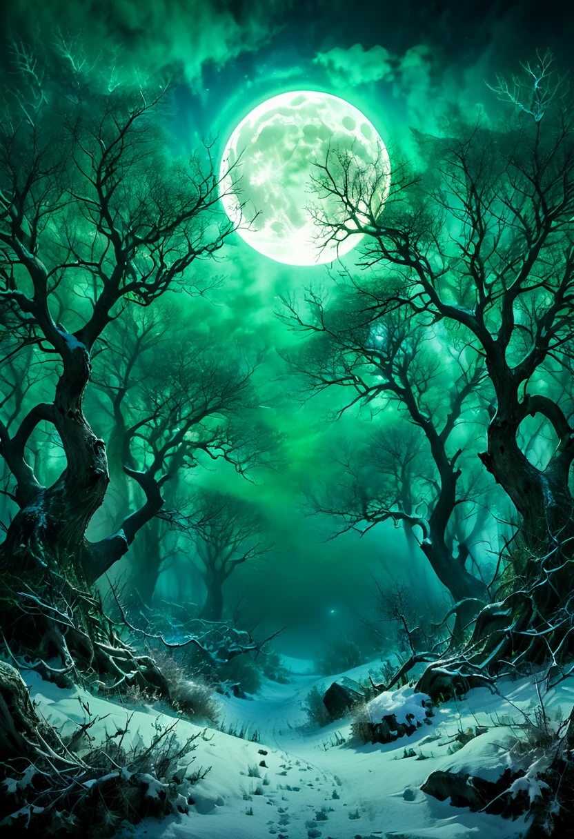 (Only the tops of the trees and the full moon are visible.) A close-up of a snow-covered forest under the moonlight. A massive blizzard. Distorted trees with bizarre shapes and many branches. ( Look from the bottom up) close up (Only the tops of the trees and the full moon are visible.) Heavy snow, moonlight filtering through the gaps in the trees. High dynamic range, Ultra high quality, Tyndall effect. Blue-green mist layers, abundant and luminous moon. Eerie atmosphere. Dense fog pervades the surroundings. The misty environment conveys a sense of mystery and suspense. Breathtaking. Tyndall effect. Ethereal glow. Detailed depiction. surreal. Dreamlike world. Sharp focus., Limit depth for writing, Best shadow, Perfect light, High Dynamic Range, Realistic textures, Ultra-detailed background wide-angle shots