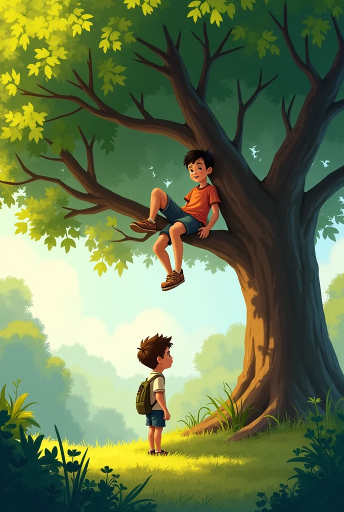A boy was sitting in the tree and his friend was calling him