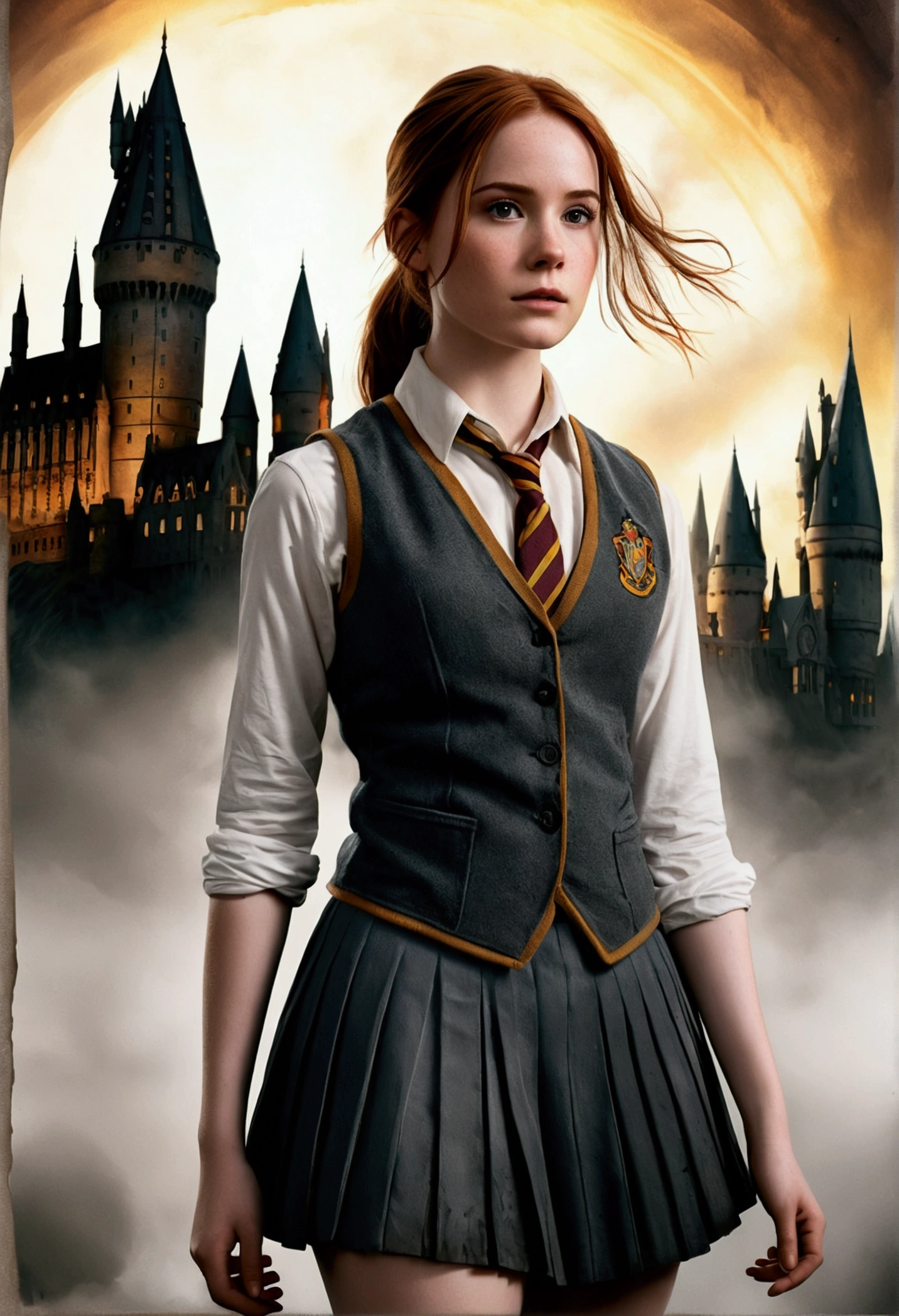 An illustrated movie poster, hand-drawn, full color, a female Hogwarts student, 18 years old, wearing a charcoal vest and a pleated skirt, tall, toned, amazonian stature, athletic hourglass figure, full wide hips, massive round butt, long shapely legs, ridiculously thick powerful thighs, deep dark auburn hair, messy ponytail, flushed sun-kissed complexion, freckles, resembles Karen Gillan, standing in front of Hogwarts Castle, surrounded by mist, graphite shading, stencil marks, airbrushed acrylic paint, masterpiece, in the Deathly Hallows 