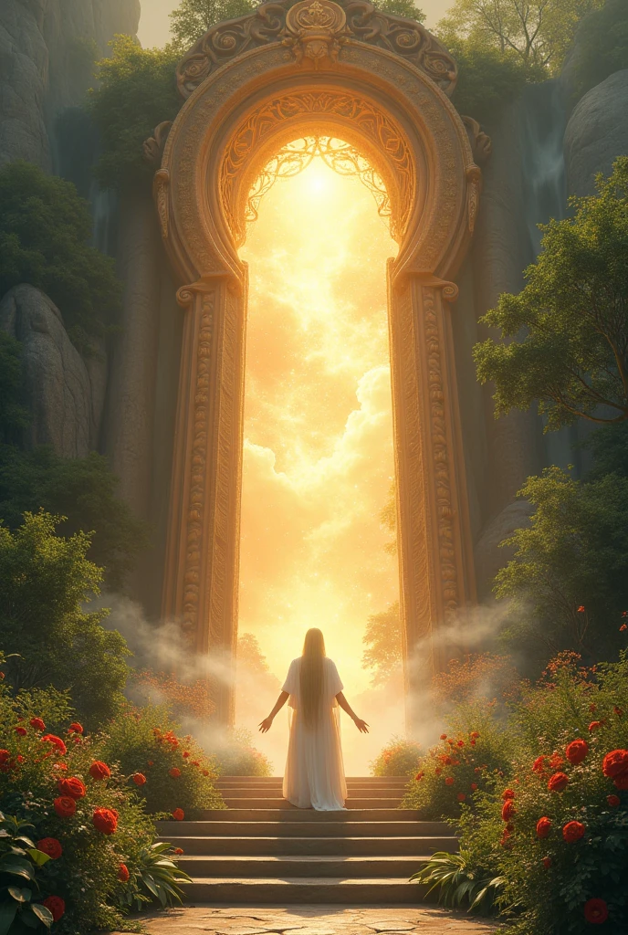 A beautiful gold divine gate, there are more steps to divine world with natural flowers.
A beautiful god invites a normal person who is waiting on first step, realastic pic
