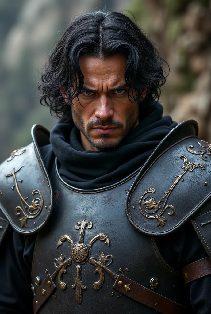 Short, muscular soldier, 26 years old, wavy black hair and brown eyes. Wearing black steel medieval armor, looking angry