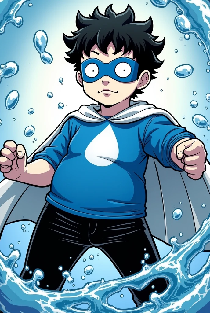 Create an image of a ager with water powers, This teen is wearing a costume with a blue shirt with the symbol of a white drop in the middle, he wears a blue mask with completely white eyes, and also wears black pants with a white cape, This teenager white skin and black hair, he is fat, and he has very curly, hard hair and very short hair.