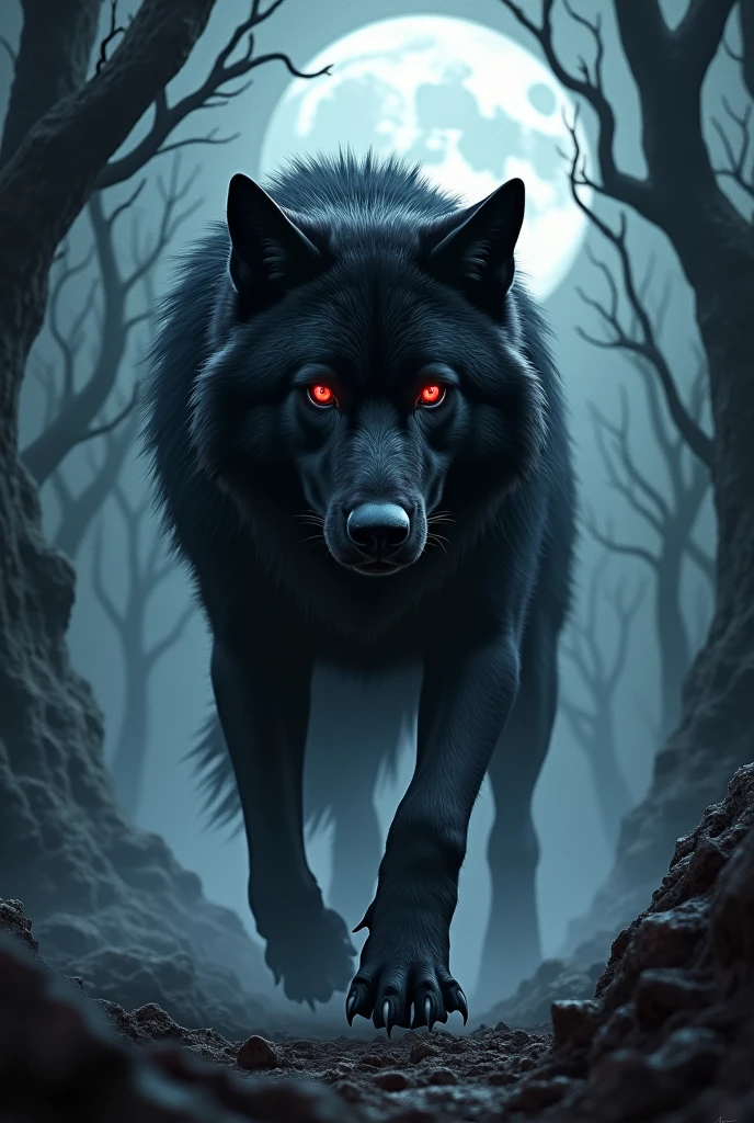 Black Wolf Cover, Red eyes, gothic forest, full moon