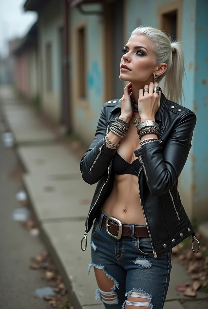 
russian milf woman, biker gang member, platinum hair (ponytail with shaved sides), with very light blue eyes, extremely pale, heavy eye shadows.. without bandana. Thin. Sad, humbled face. Wearing black moto jacket with hanging belts and side pockets with zippers. Black push up bra, skinny dark blue jeans with holes and white tennis sneakers. Lots of metallic bracelets. Tacky wide belt with massive skull and bones buckle . Both hands caress her neck. Lots of rings. Wide loop earrings. Looks up with amazement because she thinks God is talking to her,  