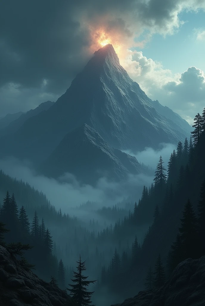 Une montagne imposante et mystérieuse s'élève sous un ciel orageux. Des nuages sombres tourbillonnent autour du sommet, cachant partiellement la montagne. Les flancs de la montagne sont recouverts de forêts épaisses, avec des créatures fantastiques comme des griffons et des serpents géants à peine visibles entre les arbres. L’atmosphère est inquiétante et surréaliste, avec une lueur surnaturelle émanant du sommet.