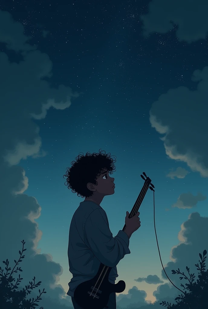 A depressed boy, with curly and stylish hair. LOOKING AT THE NIGHT SKY, the sky is very starry and clear, on a cloudy night, smoking paieiro (music album cover on youtube)