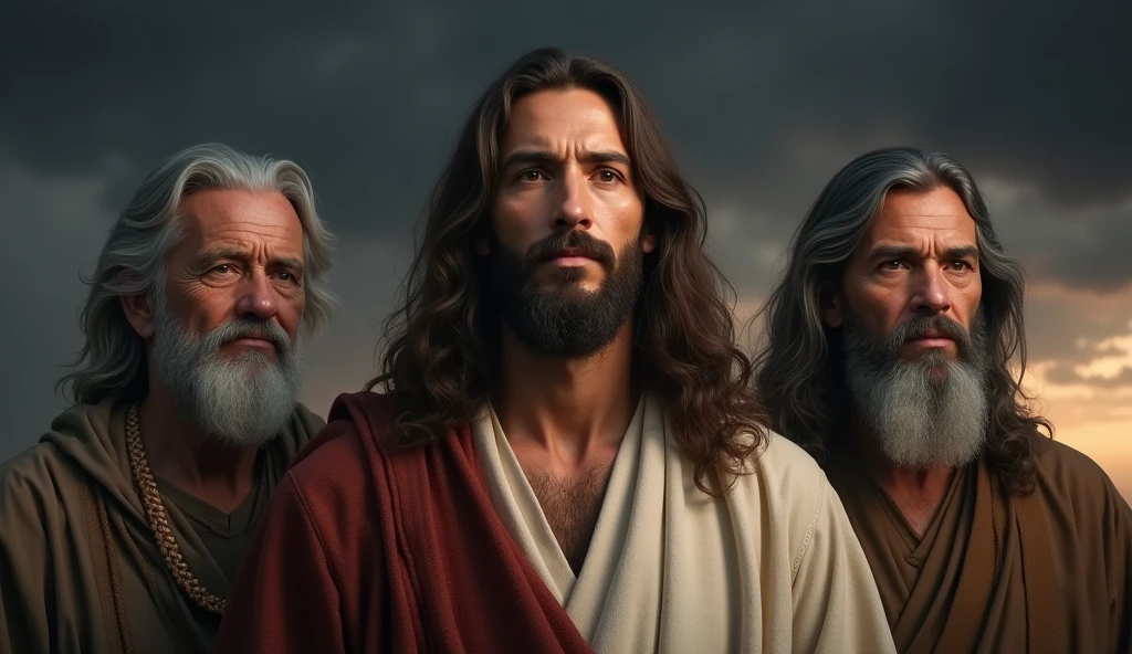 Create a realistic image showing three biblical characters: jesus, Enoch and Elijah. jesus deve estar ao centro com uma expressão séria e contemplativa, reflecting wisdom and depth. He must have long hair and a beard. To your left, Enoch must appear as an old man, with a thoughtful expression, wearing simple period clothes, gray hair and beard. À direita de jesus, Elias, middle-aged, with a strong and determined expression, slightly shorter hair, dark and a well-groomed beard. The background should be a dark, dramatic sky., creating an atmosphere of suspense and mystery. Lighting should highlight the characters' faces, emphasizing their unique expressions and characteristics."