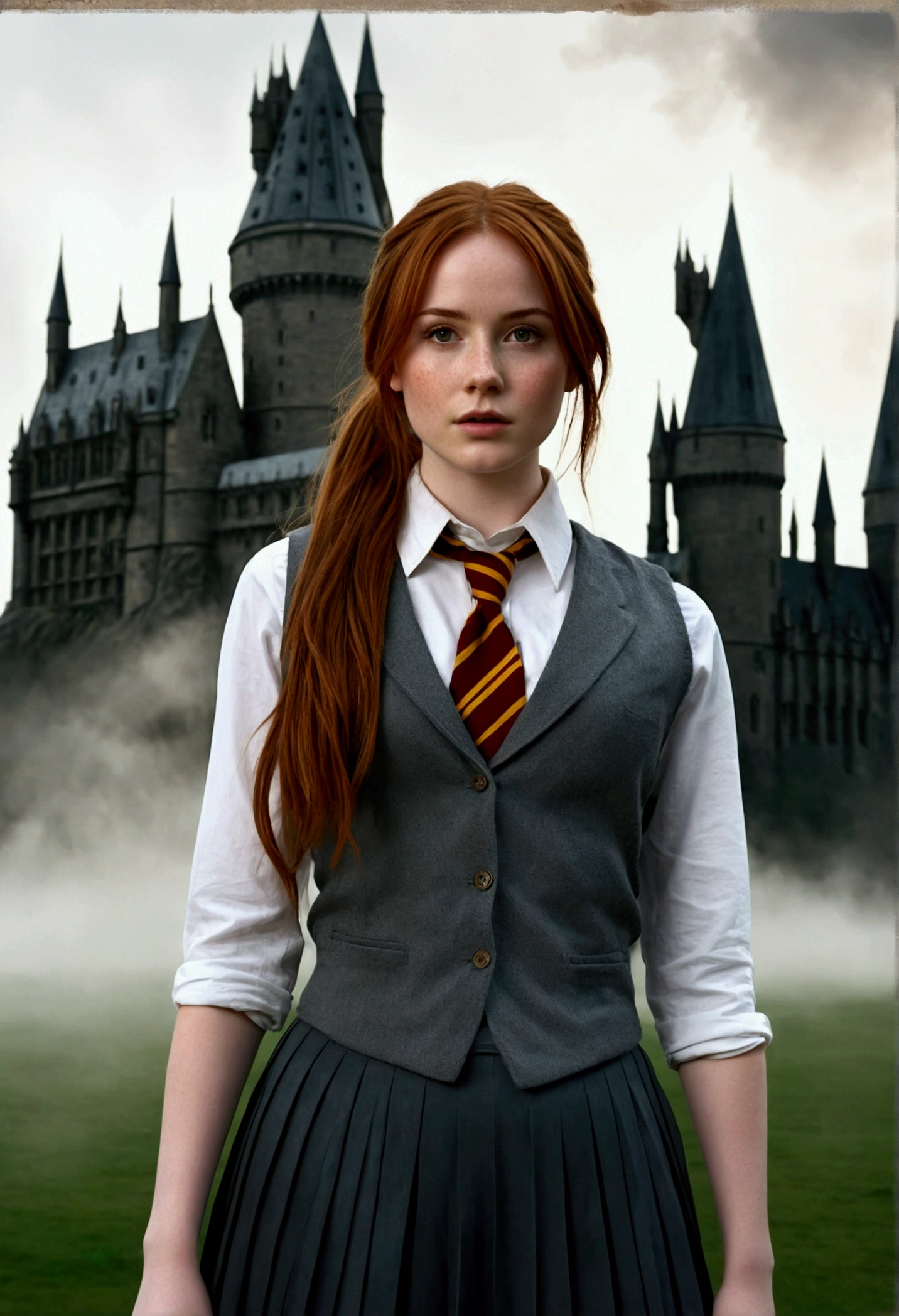 An illustrated movie poster, hand-drawn, full color, a female Hogwarts student, 18 years old, wearing a charcoal vest and a pleated skirt, tall, toned, amazonian stature, athletic hourglass figure, full wide hips, massive round butt, long shapely legs, ridiculously thick powerful thighs, deep dark auburn hair, messy ponytail, flushed sun-kissed complexion, freckles, resembles Karen Gillan, standing in front of Hogwarts Castle, surrounded by mist, graphite shading, stencil marks, airbrushed acrylic paint, masterpiece, in the Deathly Hallows