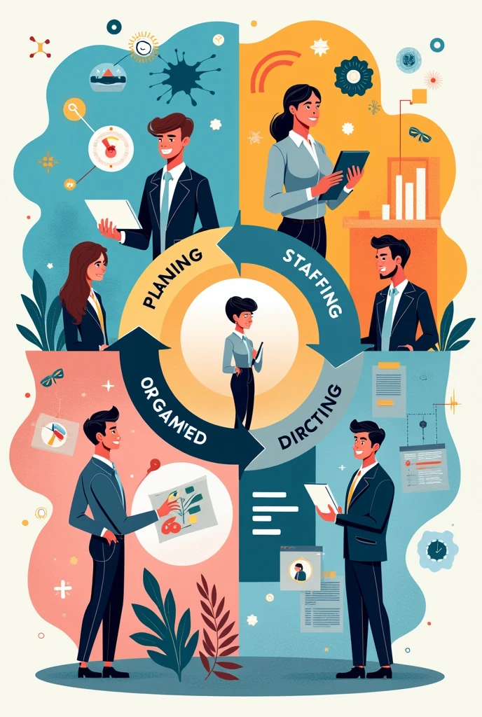 I want poster attractive, beautiful on Planning, Organising, Staffing, Directing and Controlling.
And create section for each to easily understand and also give heading on each section writing section should be less