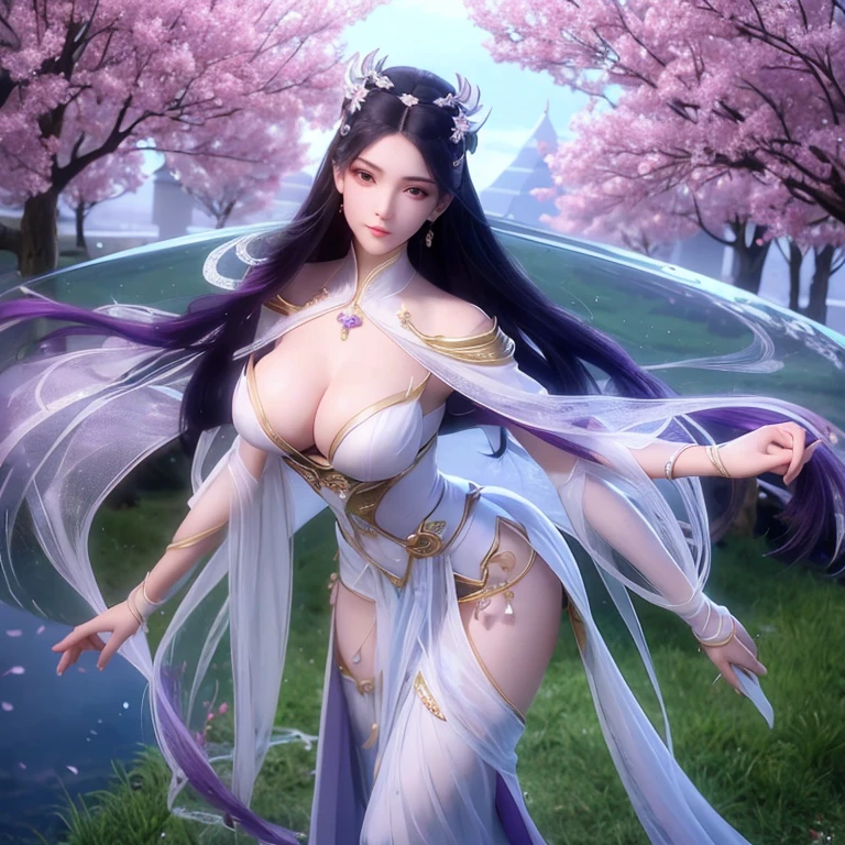 Purple Hair，Purple Eyes，Purple clothes，She wore a jade lotus hairpin in her hair.，Wearing a lavender wide-sleeved plain fairy dress，She was a vision of ethereal beauty, a divine being, but also a woman of incomparable loveliness.。Her skin was like congealed fat, pure white jade.，She seemed as delicate as if she could be pierced by a puff of air,；Her face was as delicate as a lotus bud, beautiful and peerless.，Her lips were like cherry blossoms, moist and luscious.，all incredibly alluring.。Her two curved eyebrows,，her distant mountain-like brows painted with a touch of green.；a pair of peach blossom eyes with a playful glint,，Her eyes, clear as autumn water, were moist and bright,。Even when sitting,，it was hard to ignore her perfect figure, with a voluptuous chest and a rounded rear.。Her shoulders seemed to have been carved.，her full, rounded breasts,，Her waist was as thin as a willow branch, a mere handspan around.，The beautiful curves of her hips and legs were faintly visible.。
