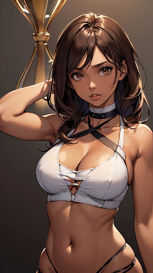 masterpiece,best quality, official art, extremely detailed CG unity 8k wallpaper, ((top quality, 8k, masterpiece: 1.3, ultra hd, high quality, best quality, high definition,sharp focus: 1.5,(Very detailed CG unity 8K wallpaper), Dark Cinematic Lighting, cinematic lighting,((darker tan skin))white crop top),The best quality, brunette hair,brown eyes,upper body, cleavage, collarbone, 3:4,((hourglass figure))solo, best quality, masterpiece, extremely detailed CG, extremely detailed 8K wallpaper,((define and athletic body))