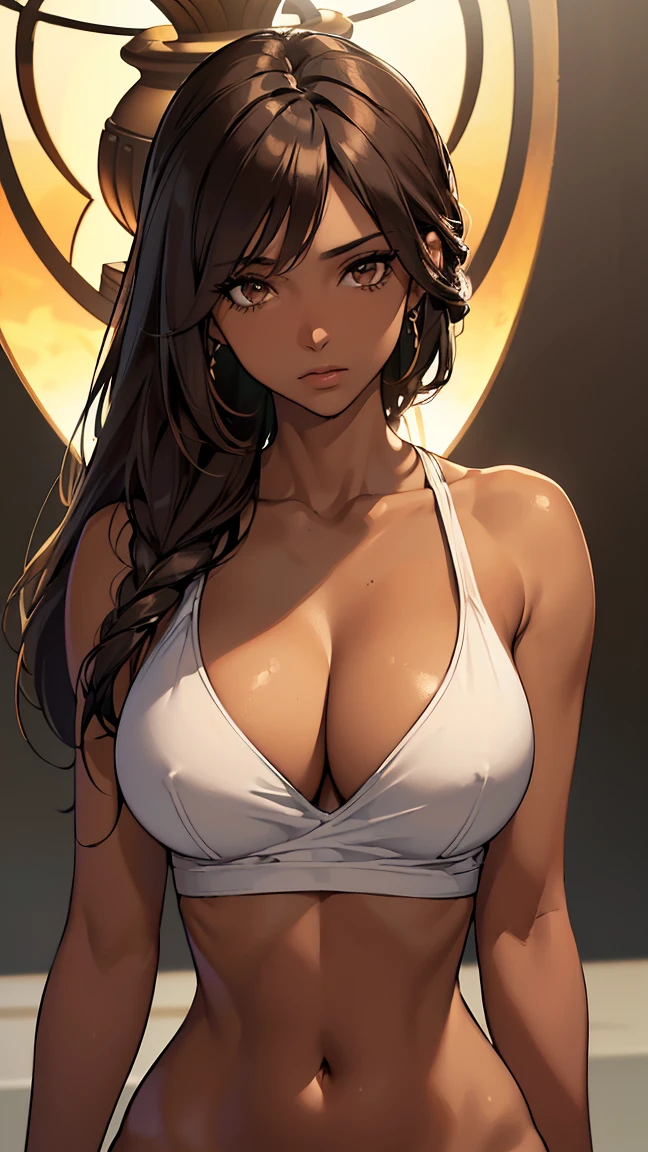 masterpiece,best quality, official art, extremely detailed CG unity 8k wallpaper, ((top quality, 8k, masterpiece: 1.3, ultra hd, high quality, best quality, high definition,sharp focus: 1.5,(Very detailed CG unity 8K wallpaper), Dark Cinematic Lighting, cinematic lighting,((darker tan skin))white crop top),The best quality, brunette hair,brown eyes,upper body, cleavage, collarbone, 3:4,((hourglass figure))solo, best quality, masterpiece, extremely detailed CG, extremely detailed 8K wallpaper,((define and athletic body))