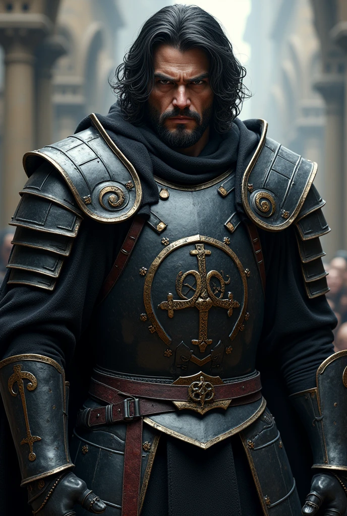 Short, muscular soldier, 26 years old, wavy black hair and brown eyes. Wearing black steel medieval armor, looking angry