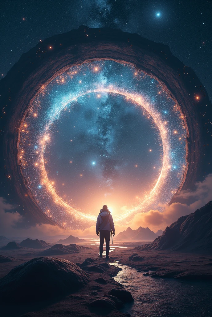 masterpiece, super detail, uhd, 8k, super detail, best quality, Milky Way, Milky Way, universe space, One Face of Stars, Twinkling Stars々, Spaceship, Countless sparkles, Circular Gate of Space-Time, Galaxy in the Gate, the center is shining, There is light around the circle, super ancient technology, Go through the gate