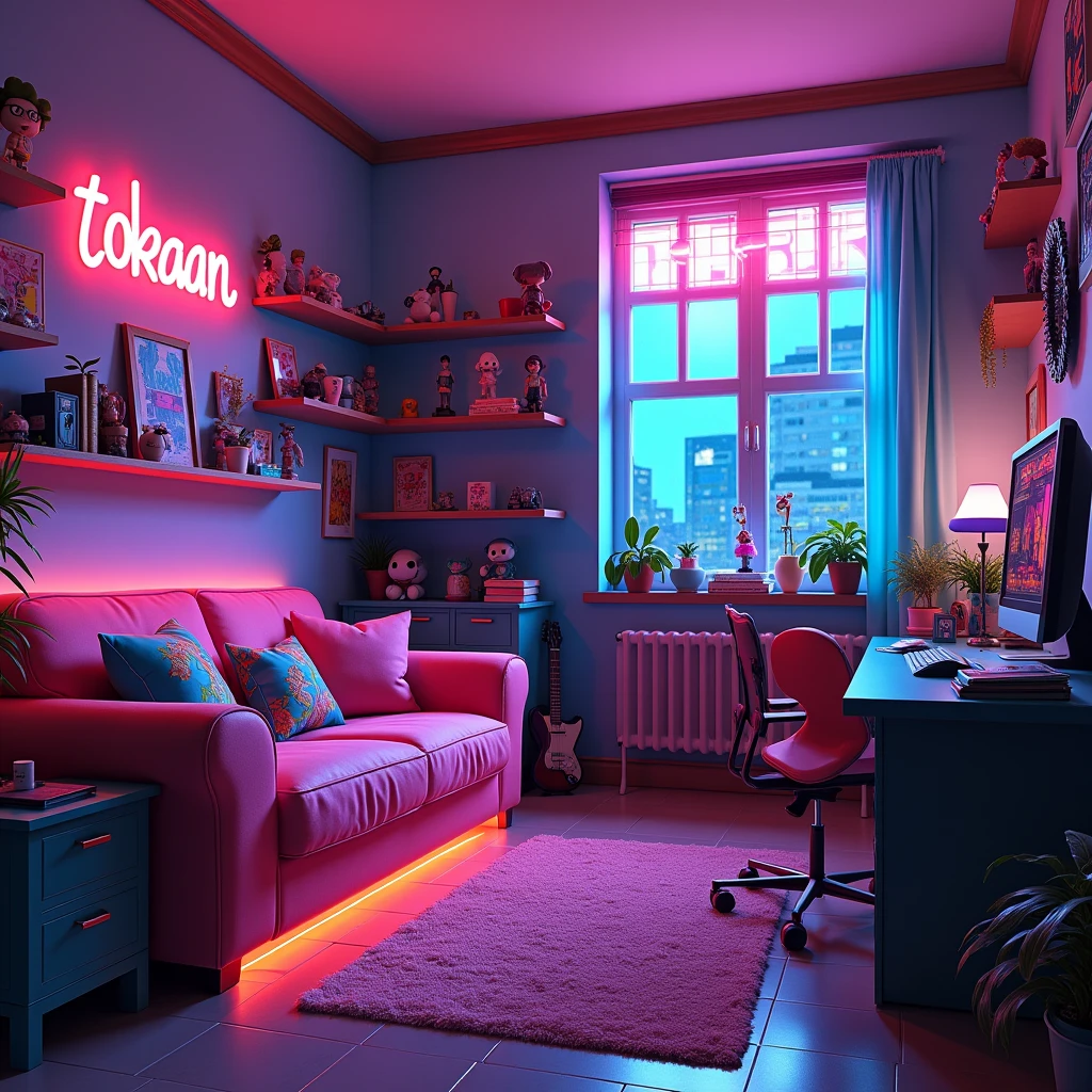 There is a room with a sofa on the left for a cyberpunk theme of neon lights and in a ager's room with figurines and it says tokaan without a computer
