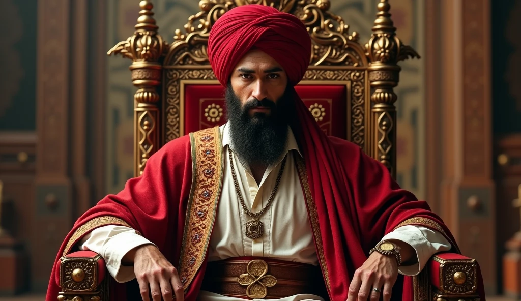 In ancient Islamic times, a man with a strong body. He has a turban. He sits with confidence, tall and majestic, intimidating the enemy. He places his hands on both feet. The clothes are red. He is sitting on the throne of the Caliphate. A luxurious, luxurious throne. Behind the throne. High quality realistic facial features.