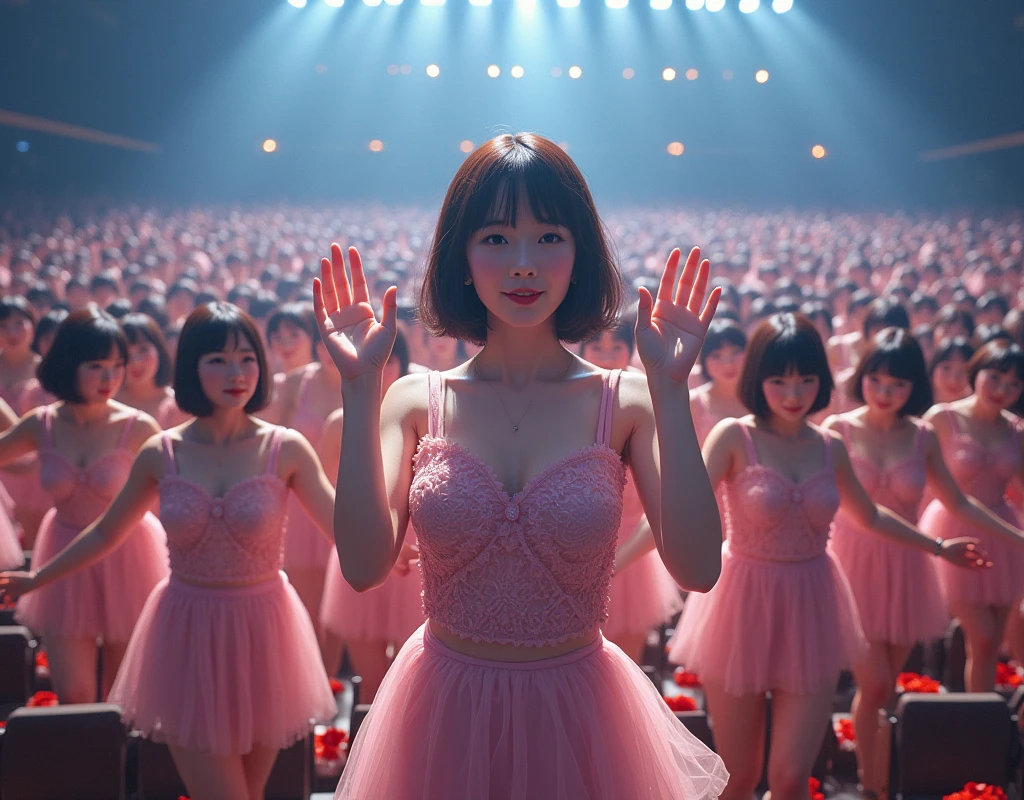 [Japanese Clone girls=Myself], [Perfect Clone girls Raw Photography Art], [16K, Highest quality, Ultra-high resolution], (((Unrealistic, Unprecedented sight, hyperdimensional space, A sight beyond imagination, (((A world of mass proliferation of myselves, Ultra-realistic)))))), (Japanese, woman, 22-year-old, Saito-Asuka), ((Small face, Brown and black hair, Short Hair)), ((Very beautiful detailed girls, Accurate body structure, Very detailed and perfect super busty body)), ((amazing super big tits, Large, swelling breasts)), (Dark Eyes, Mature face, Cute Smile, A gentle gaze), (Happy laughter), [[(((((Very detailed, 1girl→1,000,000,000,000,000,000,000,000,000,000,000,000,000cloning girls))))), (((((Extremely detailed and precise depiction of the double, Perfectly the same girl, The exact same smile, Perfect matching hairstyle, Perfect same clothes, Exactly the same height, Perfect same super busty))))), (((((Myself only))))), (((Very detailed, on stage, Idol Group, Nogizaka46's stage costumes, 1,000,000,000,000Myself))), (((Very detailed, Audience seats, camisole, 1,000,000,000,000,000,000,000Myself)))]], (((Perfect description, Smiling face, hug, wave hands, Matching poses, Matching dance, Sexy pose, In a row, Infinite Alignment))), (((Very detailed, Super crowded in a different dimension, Abnormal crowding, Super crowded))), (Large Concert Hall, Front bright light, Illuminated by spotlights, Live Stage Lighting), (((Very wide field of view, Very detailed, Detailed ultra-perspective depiction)))), Group idol group photo, Anywhere Angle