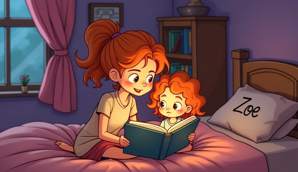 A pencil sketch image coloured image of a mother and daughter in a bedroom in a daughter's bedroom and the daughter's name is Zoe at the back of the bad the name of the joy is written and the room is decorated as a kids room paint of the room is purple , a window , and pink curtains a brown cupboard in corner of room . its night time in window  and the mother is reading a story book to her daughter in the bed.
Make a call tonic image less detailed a rough Orange coloured hair of both mother and daughter . Daughter have curl wavy open messed up hair .. big and rough facial images .
Lightening in room is dark night 
Not realistic but cartoonic rough image ,not detailed
