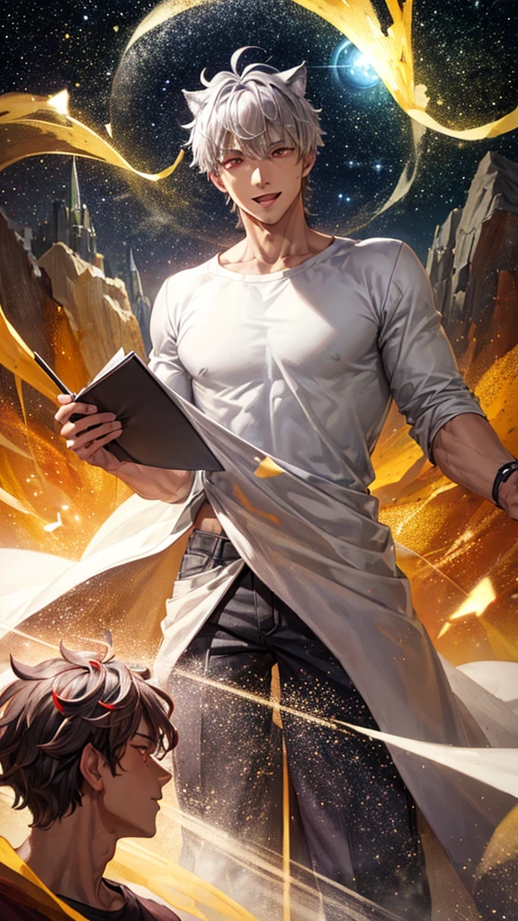 Boy, 1 male, short gray hair, half wolf, wolf ear on head, gray messy hair with bangs, red eyes on right, yellow red on left, dazzling, dramatic light, white shirt, starry night, cool, black magic, fang in his smile