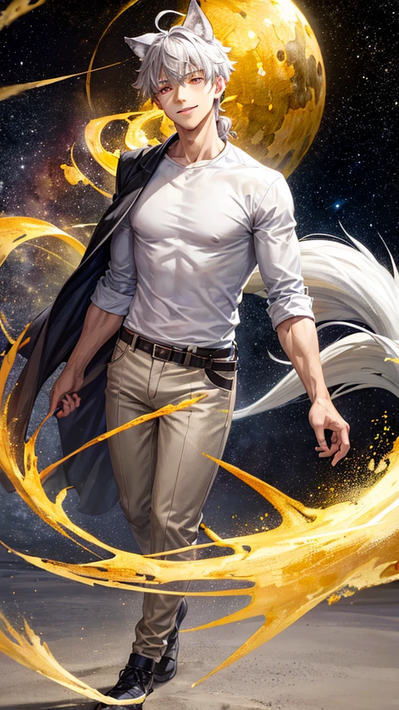 Boy, 1 male, short gray hair, half wolf, wolf ear on head, gray messy hair with bangs, red eyes on right, yellow red on left, dazzling, dramatic light, white shirt, starry night, cool, black magic, fang in his smile