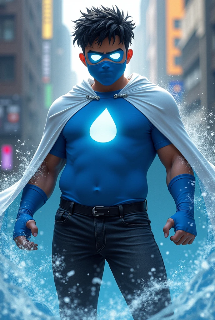 Create an image of a teenager with water powers, This teenager is wearing a costume with a blue shirt with the symbol of a white drop in the middle, he wears a blue mask with completely white eyes, and also wears black pants with a white cape, This teenager has white skin and black hair, he is fat, and he has very curly, curly hair and very short hair.