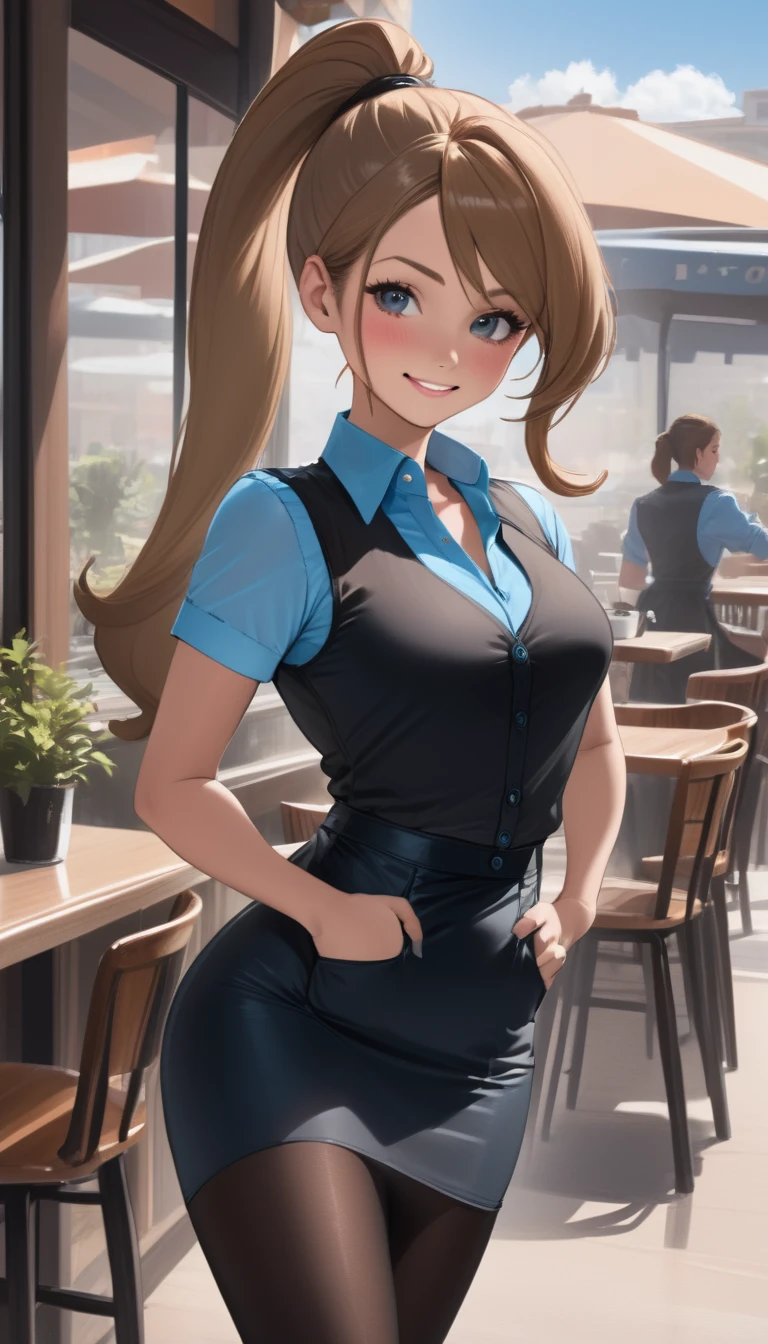 masterpiece, best quality, absurdres, perfect anatomy, a female, solo,smile,closed mouth,ponytail hair,glossy face,rouge lips,beautiful office worker female,sky blue blouse,short sleeve blouse,open collared blouse,black buttoned vest,black pencil skirt,pantyhose,standing,hands on hip,from front,cowboy shot,at cafe terrace