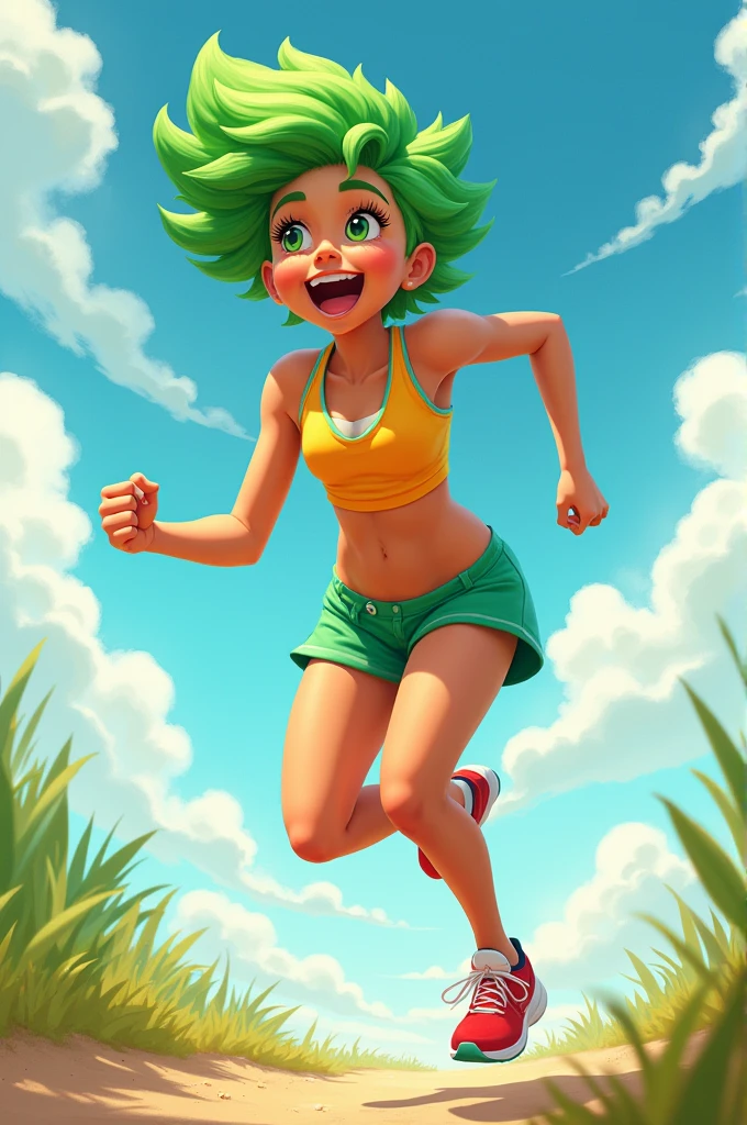 Make fun equal to joy, with green hair, running clothes and bottomless 