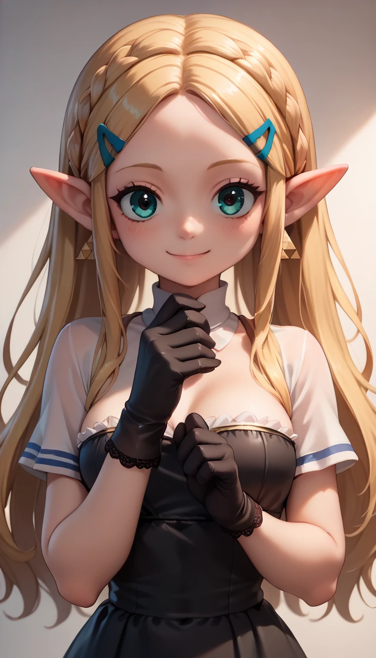 High resolution, Very detailed, perfect lighting, beautiful detailed eyes, ((masterpiece,Best Quality)), absurdities, alone, princess zelda, by the width, crown braid, Hair clip, pointy ears, Gloves without fingers, black gloves, smile, curves, nod, , deep neckline, deep neckline, black one piece swimsuit with pink details, touching her breasts in a sexy way, close up, black fur, close up, pigtails with bangs, pigtails with bangs, touching her breasts in a sexy way, teal eyes, close up, pigtails with bangs 