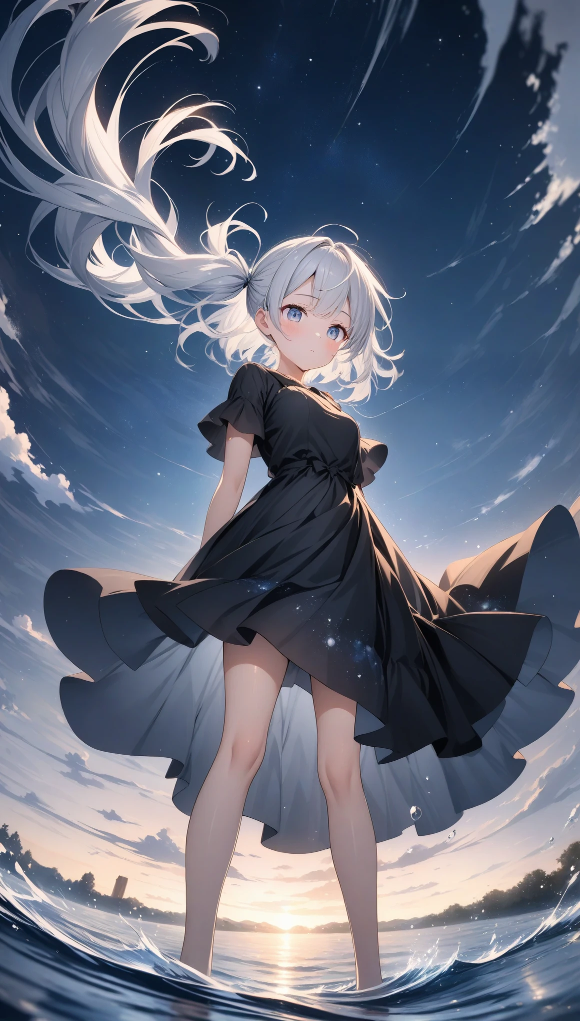 ((style:Colored pencil,pale colour)),(anime)、(masterpiece:1.2),Atmospheric perspective,Lens flare、cute、Hair blowing in the wind、((A simple black dress))、Starry night sky、Moonlight pours down from above、Very mysterious、Light effects、、Gray and white gradient hair color、Side Ponytail、((A work that visualizes the wind))、Looking down at the ground from the sky。Below is the lake、Wind magic above