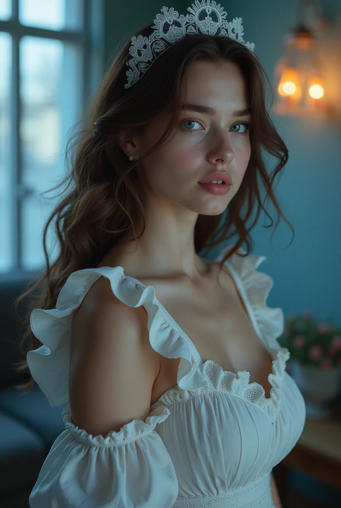 SeaArt Robot Txt2Img Lily Yermak Studio, the charming Russian Instagram model, is portrayed in exquisite detail in a charming scene. The image is captured in high resolution, showcasing Lily&#39;s mesmerizing beauty and intricate features. She is 26 years old, Full Boobs, with an innocent face, far away, Wavy brown hair, and captivating blue eyes. complements it perfectly. They create a delicious contrast, with Lily wearing a maid dress that gives a playful touch to the image. The scene is masterfully framed, with the soft,a big window with a giant moon