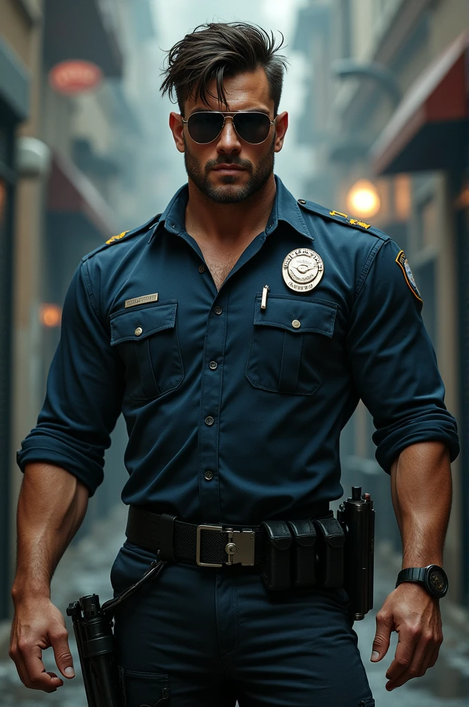 tall strong man, dark brown hair, asymmetrical face, big lips wearing sunglasses, wearing typical police investigator clothing