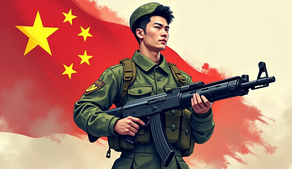 (The background is transparent)(There is a complete,The map is red,On the left is the five-star red flag) (A handsome Chinese man in a cartoon head wearing camouflage military uniform holding an AK47 submachine gun in one hand)(The theme is"If there is a war,Must return when summoned!",The font must be strong and powerful)(The whole picture looks very loving.)(The picture has high-tech weapons from science fiction)